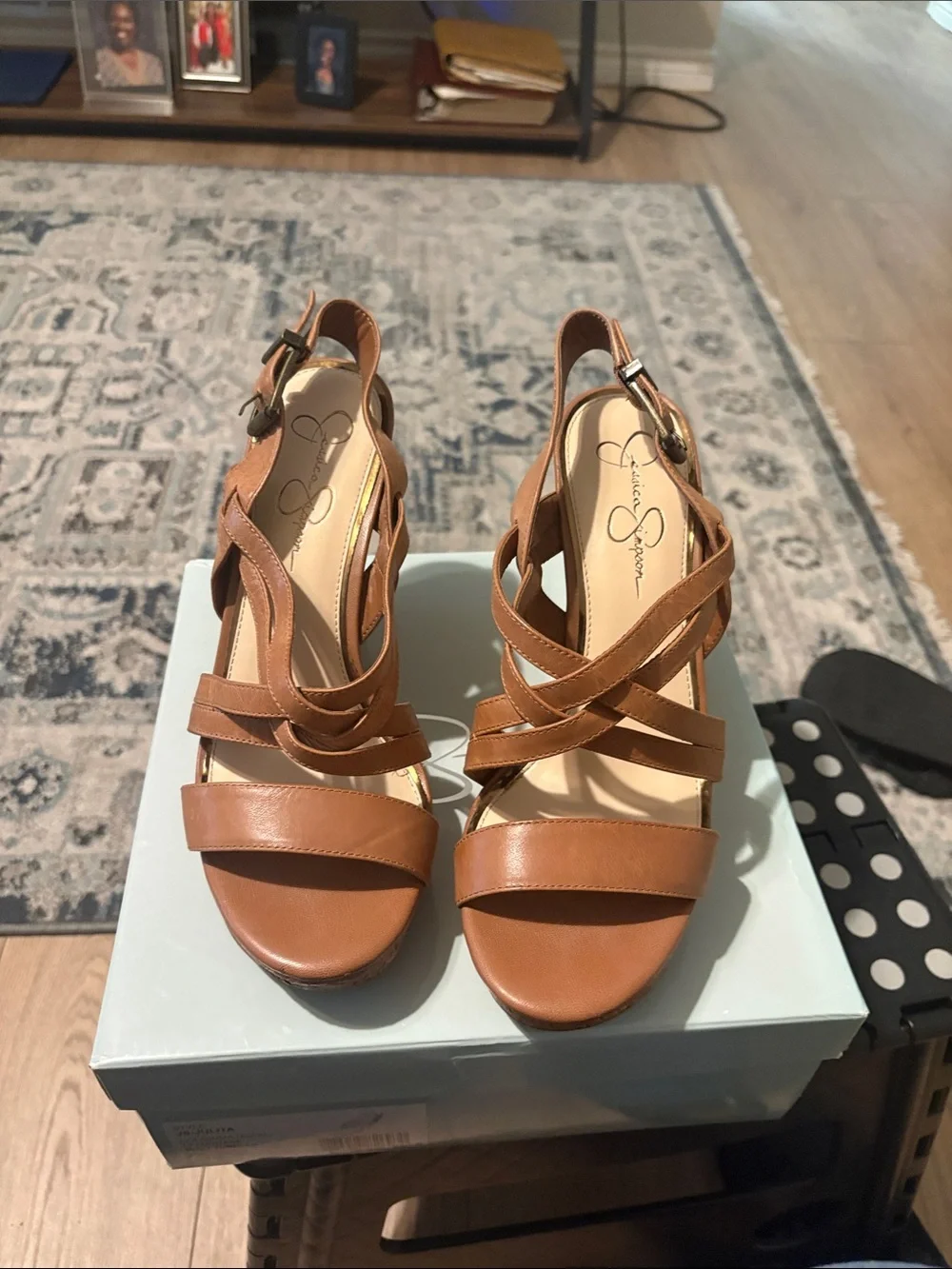 Jessica Simpson Cognac Leather Crisscross Wedge Sandals